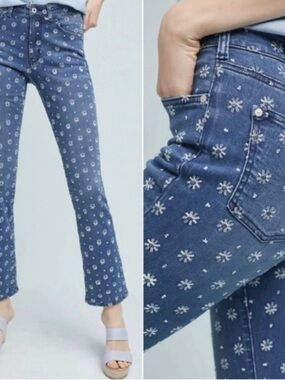 Anthropologie Pilcro Blue Daisy-Embroidered High Rise Bootcut Jeans